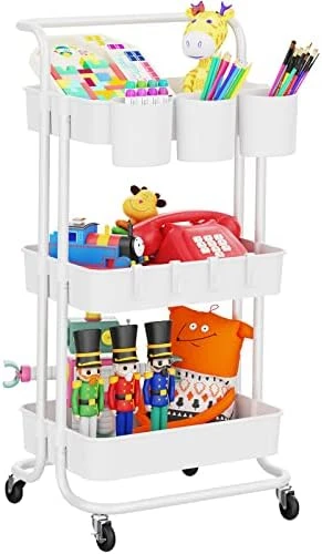 LEHOM 3-Tier Rolling Utility Cart With Hanging Cups & Hooks & Handle, Multifunctional Art Cart Organizer Storage With Wheels, Easy Assembly For Office, Bedroom, Kitchen, Bathroom, Laundry (White) 12 LEHOM 3-Tier Rolling Utility Cart With Hanging Cups & Hooks & Handle, Multifunctional Art Cart Organizer Storage With Wheels, Easy Assembly For Office, Bedroom, Kitchen, Bathroom, Laundry (White) - Image 10