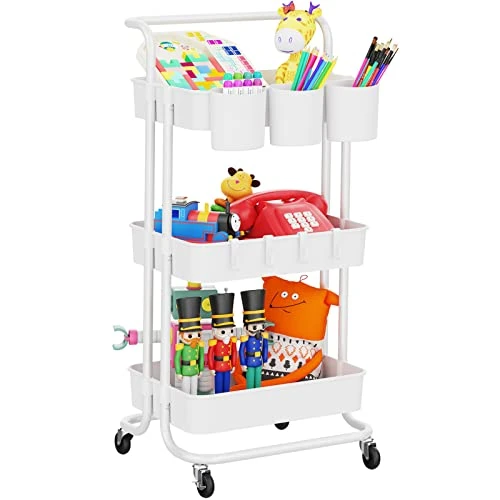 LEHOM 3-Tier Rolling Utility Cart With Hanging Cups & Hooks & Handle, Multifunctional Art Cart Organizer Storage With Wheels, Easy Assembly For Office, Bedroom, Kitchen, Bathroom, Laundry (White) 3 LEHOM 3-Tier Rolling Utility Cart With Hanging Cups & Hooks & Handle, Multifunctional Art Cart Organizer Storage With Wheels, Easy Assembly For Office, Bedroom, Kitchen, Bathroom, Laundry (White)