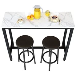 Recaceik Dining Table Set, 47.2” Rectangle Pub Dining Set Kitchen Table Set Bar Table With Stools, 3-Piece Breakfast Table Set With Metal Frame For Kitchen Dining Room W/ 2 Chairs - White