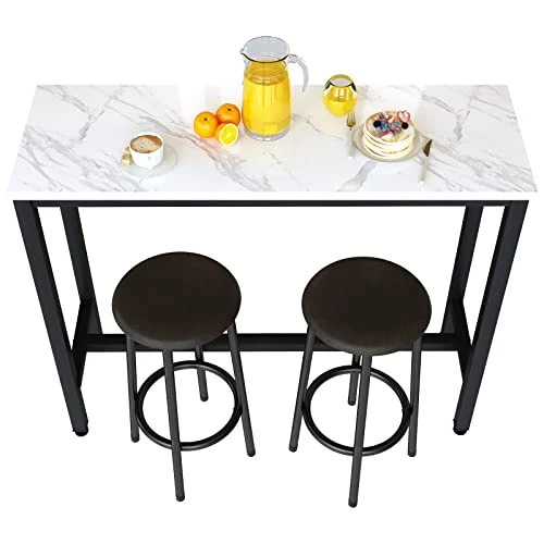 Recaceik Dining Table Set, 47.2” Rectangle Pub Dining Set Kitchen Table Set Bar Table With Stools, 3-Piece Breakfast Table Set With Metal Frame For Kitchen Dining Room W/ 2 Chairs - White 3 Recaceik Dining Table Set, 47.2” Rectangle Pub Dining Set Kitchen Table Set Bar Table With Stools, 3-Piece Breakfast Table Set With Metal Frame For Kitchen Dining Room W/ 2 Chairs - White
