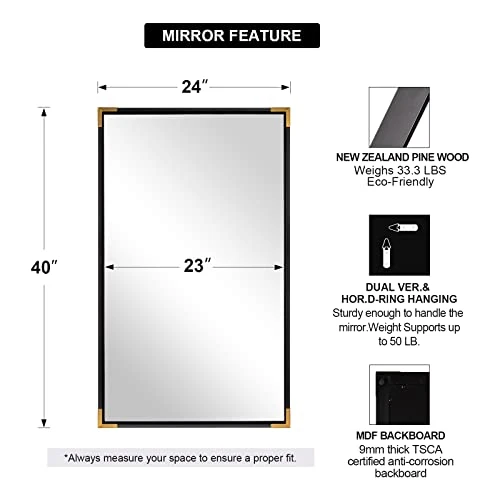 ANDY STAR 24x40” Strong Pine Wood Black Mirrors For Bathroom, Modern Horizontal Mirror With Gold Metal Corner, Clean Rectangle Wall Mirror Vanity Mirror 2" Depth Design Hangs Vertical Or Horizontal 7 ANDY STAR 24x40” Strong Pine Wood Black Mirrors For Bathroom, Modern Horizontal Mirror With Gold Metal Corner, Clean Rectangle Wall Mirror Vanity Mirror 2" Depth Design Hangs Vertical Or Horizontal - Image 5