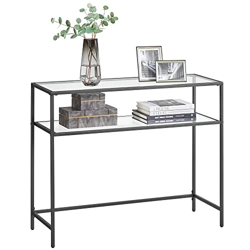 VASAGLE 39.4 Inch Console Sofa Table, Modern Entryway Table, Tempered Glass Table, Metal Frame, 2 Shelves, Adjustable Feet, For Living Room, Hallway, Black ULGT025B01 3 VASAGLE 39.4 Inch Console Sofa Table, Modern Entryway Table, Tempered Glass Table, Metal Frame, 2 Shelves, Adjustable Feet, For Living Room, Hallway, Black ULGT025B01