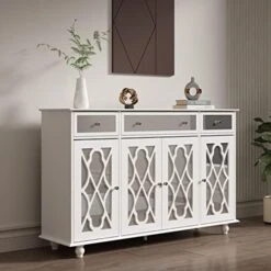 DiDuGo Sideboard With Glass Doors, Mirrored Sideboard Storage Cabinet With 3 Drawers, Credenza Sideboard Buffet With Wooden Legs, For Living Room Hallway White (55.1”W X 15.7”D X 35.4”H) -Amazon Store 41KkBg5TU2L. AC