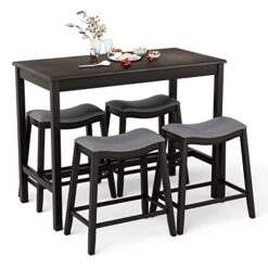 Giantex Dining Table Set For 4, Kitchen Counter Height Table W/ 4 Stools, 5 Piece Bistro Table Set, Rubber Wood Pub Dinette Set W/Upholstered Stools, Space-Saving Table Set For Small Spaces (Black)