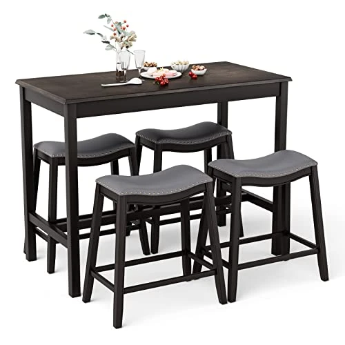 Giantex Dining Table Set For 4, Kitchen Counter Height Table W/ 4 Stools, 5 Piece Bistro Table Set, Rubber Wood Pub Dinette Set W/Upholstered Stools, Space-Saving Table Set For Small Spaces (Black) 3 Giantex Dining Table Set For 4, Kitchen Counter Height Table W/ 4 Stools, 5 Piece Bistro Table Set, Rubber Wood Pub Dinette Set W/Upholstered Stools, Space-Saving Table Set For Small Spaces (Black)