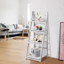 Acendside Ladder Shelf 4-Tier Folding Plant Shelf,Wood Ladder Shelf Flower Display Decorative Rack,Multifunctional Storage Stand Indoor Bookshelf For Living Room,Home Office (White)