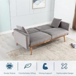 GERKAGO Velvet Futon Sofa Bed, Loveseat Sofa With 5 Golden Metal Legs And 2 Couch Pillows, Convertible Folding Sofa Bed For Living Room And Bedroom(Gray, 68'' W) -Amazon Store 41L2QydR5OL
