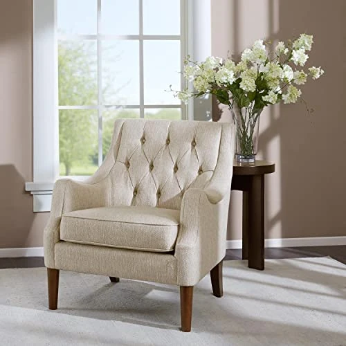 Madison Park Qwen Accent Chairs - Hardwood, Birch, Faux Linen Living Room Chairs - Cream Ivory, Vintage Classic Style Living Room Sofa Furniture - 1 Piece Diamond Tufted Bedroom Chairs Seats 4 Madison Park Qwen Accent Chairs - Hardwood, Birch, Faux Linen Living Room Chairs - Cream Ivory, Vintage Classic Style Living Room Sofa Furniture - 1 Piece Diamond Tufted Bedroom Chairs Seats - Image 2
