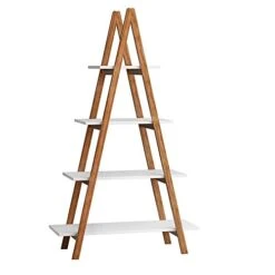 Knocbel 4-Tier Bamboo Ladder Shelf Storage Shelves Display Rack, Bookcase Plant Flower Pots Stand, 22 Lbs Capacity Of Each Tier, 31.49" L X 11.73" W X 53.54" H (White And Brown)