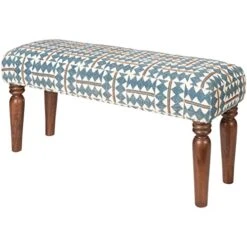 GENERIC Geometric Patterned Traditional Bench 18" H X 45" W 15" D Blue Orange White Modern Contemporary Transitional Pattern Fabric Foam Polished Handmade