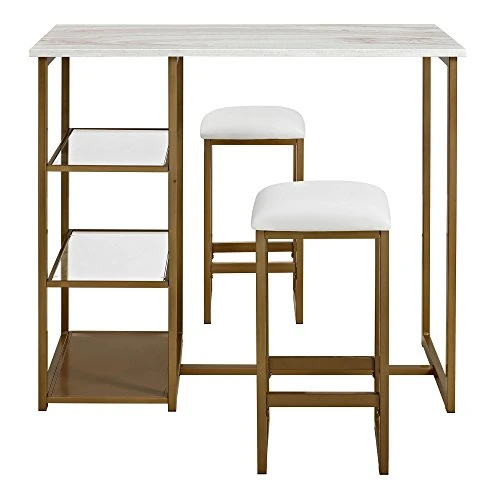 Dorel Living Tanner 3-Piece Brass Pub Set With Faux Marble Top, White 4 Dorel Living Tanner 3-Piece Brass Pub Set With Faux Marble Top, White - Image 2