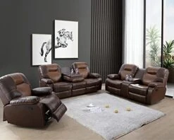 Nautery Leather Recliner Sofa,Living Room Furniture Set, Leather Sofa Set With Storage Console & Cup Holder For Office/Apartment(3 Pieces,Brown)