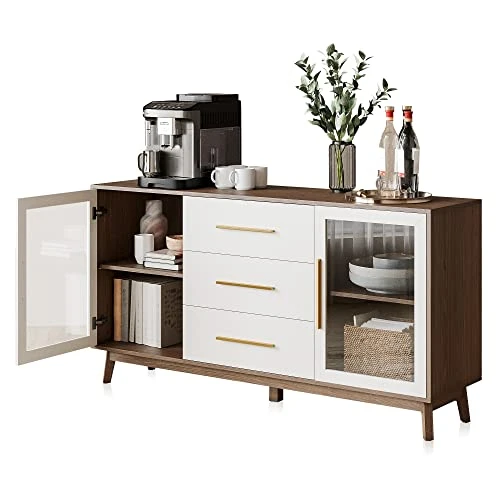 BELLEZE Sideboard Buffet Cabinet With 3 Drawers & 2 Doors, Console Table For Kitchen Glass Storage Cabinet Coffee Bar Accent Cabinet For Living Room Dining Room Hallway, White 7 BELLEZE Sideboard Buffet Cabinet With 3 Drawers & 2 Doors, Console Table For Kitchen Glass Storage Cabinet Coffee Bar Accent Cabinet For Living Room Dining Room Hallway, White - Image 5