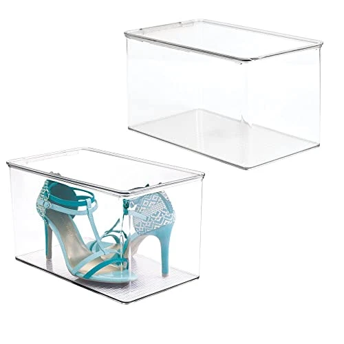 MDesign Stackable Plastic Closet Storage Container Bin Box With Hinge Lid For Organizing Shoes, Booties, Pumps, Sandals, Wedges, Flats, Heels - Lumiere Collection - 2 Pack - Clear 3 MDesign Stackable Plastic Closet Storage Container Bin Box With Hinge Lid For Organizing Shoes, Booties, Pumps, Sandals, Wedges, Flats, Heels - Lumiere Collection - 2 Pack - Clear