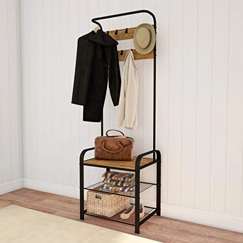 Lavish Home Entryway Coat Rack-Metal Hall Tree-Storage Bench, 9 Hooks, 2 Shelves For Shoes & Hanging Rod-Rustic Farmhouse Design Mudroom Organizer, 73", Brown 10 Lavish Home Entryway Coat Rack-Metal Hall Tree-Storage Bench, 9 Hooks, 2 Shelves For Shoes & Hanging Rod-Rustic Farmhouse Design Mudroom Organizer, 73", Brown - Image 8