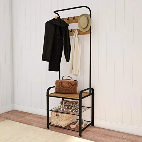 Lavish Home Entryway Coat Rack-Metal Hall Tree-Storage Bench, 9 Hooks, 2 Shelves For Shoes & Hanging Rod-Rustic Farmhouse Design Mudroom Organizer, 73", Brown 3 Lavish Home Entryway Coat Rack-Metal Hall Tree-Storage Bench, 9 Hooks, 2 Shelves For Shoes & Hanging Rod-Rustic Farmhouse Design Mudroom Organizer, 73", Brown