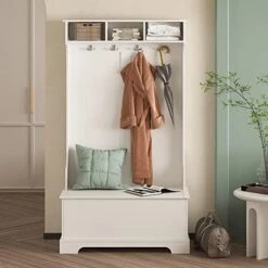 Realglow Modern Hall Tree With Storage Bench, 3-in-1 Design With Coat Rack, Hall Tree With 4 Hooks And Drop-Down Doors, For Entrance, Hallway, Black -Amazon Store 41MSc2yCY L. AC