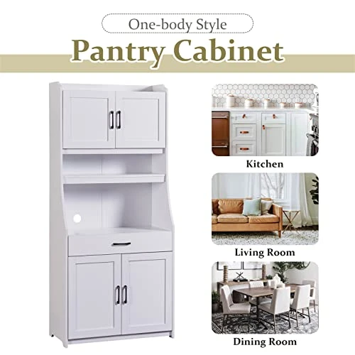 Bellemave Kitchen Pantry Storage Cabinet With Doors And Adjustable Shelves Freestanding Buffet With Hutch Microwave Stand With Drawer For Home&Office, White 7 Bellemave Kitchen Pantry Storage Cabinet With Doors And Adjustable Shelves Freestanding Buffet With Hutch Microwave Stand With Drawer For Home&Office, White - Image 5