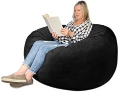 EDUJIN 4 Ft Bean Bag Chairs For Adults With Filling: 4' Large Memory Foam Filled Bean Bag Chairs For Teens,Ultra Soft Dutch Velvet Cover,Round Fluffy Lazy Sofa For Living Room - 4 Foot, Black