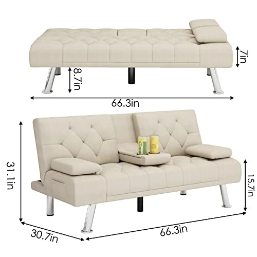 ITUSUT Upholstered Futon Sofa Bed, Convertible Folding Sleeper Couch For Apartment, Dorm, 2 Cupholders, Wood Frame And Easy Assembly, Cream Beige 5 ITUSUT Upholstered Futon Sofa Bed, Convertible Folding Sleeper Couch For Apartment, Dorm, 2 Cupholders, Wood Frame And Easy Assembly, Cream Beige - Image 3