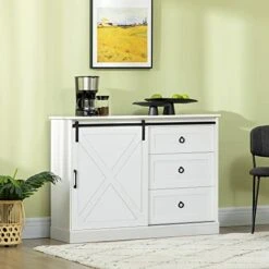 HOMCOM Farmhouse Sideboard Buffet Cabinet, Kitchen Cabinet Coffee Bar Cabinet With Sliding Barn Door And 3 Storage Drawers For Living Room, White