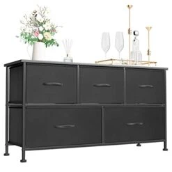 Devoko Dresser For Bedroom With 5 Drawers, Wide Chest Of Drawers With Fabric Bins, Storage Organizer Unit With Steel Frame And Wooden Top For Living Room, Closets, TV Stand,Hallway And Entryway