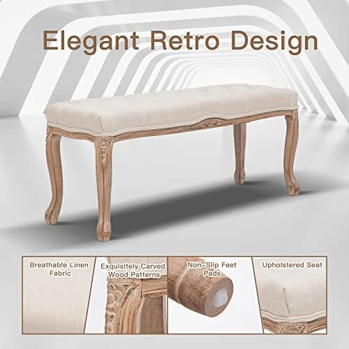 XRHOM Foot Stools Ottoman Entryway Bench Vanity Stool Shoe Bench Upholstered Dining Room Bench Foot Rest With Carved Pattern Solid Rubber Wood Legs For Bedroom, Beige 6 XRHOM Foot Stools Ottoman Entryway Bench Vanity Stool Shoe Bench Upholstered Dining Room Bench Foot Rest With Carved Pattern Solid Rubber Wood Legs For Bedroom, Beige - Image 4