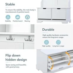 GUTK Hall Tree With 2 Flip Shoe Storage Drawers, Coat Rack With 4 Metal Hooks And 3 Top Shelves, Wood Hallway Entryway Storage Bench Coat Hanger For Livng Room Bedroom (White) 14 GUTK Hall Tree With 2 Flip Shoe Storage Drawers, Coat Rack With 4 Metal Hooks And 3 Top Shelves, Wood Hallway Entryway Storage Bench Coat Hanger For Livng Room Bedroom (White) -Amazon Store 41MrACglMDL