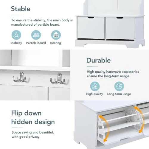 GUTK Hall Tree With 2 Flip Shoe Storage Drawers, Coat Rack With 4 Metal Hooks And 3 Top Shelves, Wood Hallway Entryway Storage Bench Coat Hanger For Livng Room Bedroom (White) 5 GUTK Hall Tree With 2 Flip Shoe Storage Drawers, Coat Rack With 4 Metal Hooks And 3 Top Shelves, Wood Hallway Entryway Storage Bench Coat Hanger For Livng Room Bedroom (White) - Image 3