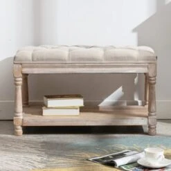 Janoray Farmhouse Storage Bench Wooden Entryway Linen Upholstered Ottoman Button Tufted Bench For Bedroom End Of Bed Hallway Organizer, Beige, 32 Inch