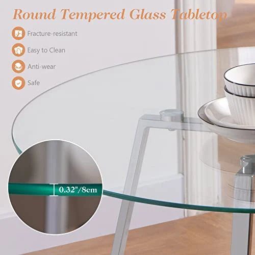 5 Pieces Dining Table And Chairs Set - Modern Round Dining Room Table With 4 Leather Chairs - Tempered Glass Table Top And Chrome Legs Kitchen Table Set For Small Space - White 5 5 Pieces Dining Table And Chairs Set - Modern Round Dining Room Table With 4 Leather Chairs - Tempered Glass Table Top And Chrome Legs Kitchen Table Set For Small Space - White - Image 3