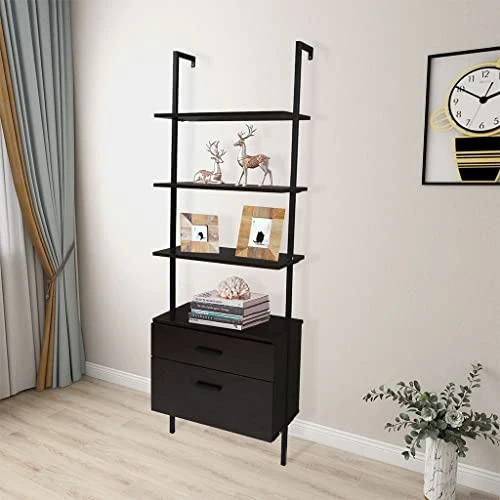 HOYOC 71" Industrial Bookshelf, 5-Tier Wood Wall Mounted Ladder Shelf Bookshelf With 2 Drawers And Matte Steel Frame Open Display Rack For Bedroom,Home Office,Collection,Plant Flower 4 HOYOC 71" Industrial Bookshelf, 5-Tier Wood Wall Mounted Ladder Shelf Bookshelf With 2 Drawers And Matte Steel Frame Open Display Rack For Bedroom,Home Office,Collection,Plant Flower - Image 2