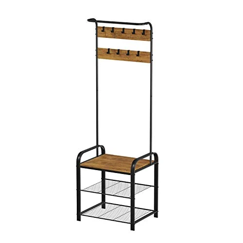 Lavish Home Entryway Coat Rack-Metal Hall Tree-Storage Bench, 9 Hooks, 2 Shelves For Shoes & Hanging Rod-Rustic Farmhouse Design Mudroom Organizer, 73", Brown 7 Lavish Home Entryway Coat Rack-Metal Hall Tree-Storage Bench, 9 Hooks, 2 Shelves For Shoes & Hanging Rod-Rustic Farmhouse Design Mudroom Organizer, 73", Brown - Image 5