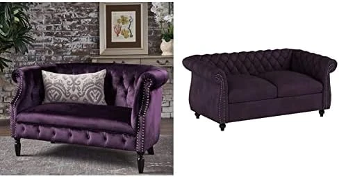 GDFStudio Melaina Tufted Chesterfield Velvet Loveseat With Scrolled Arms, BlackBerry And Dark Brown 10 GDFStudio Melaina Tufted Chesterfield Velvet Loveseat With Scrolled Arms, BlackBerry And Dark Brown - Image 8