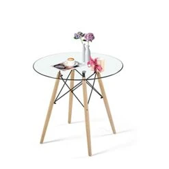 Round Table Glass Kitchen Dining Table Glass Dining Room Table Modern Style Round Leisure Coffee Table Office Coference Desk With Wood Legs For Kitchen Living Room (Round Table Glass)