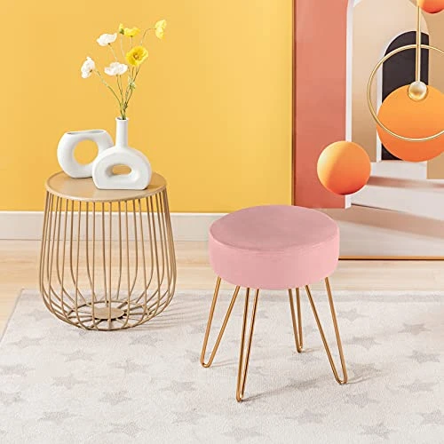 Duhome Velvet Ottoman, Makeup Vanity Stool, Contemporary Stool, Mongolian Round Metal Stool, Vanity Stool, Furry Ottoman Stool, Modern Accent Stools, Pink 7 Duhome Velvet Ottoman, Makeup Vanity Stool, Contemporary Stool, Mongolian Round Metal Stool, Vanity Stool, Furry Ottoman Stool, Modern Accent Stools, Pink - Image 5