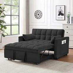 PU Leather Pull Out Futon Sofa Bed, Convertible Small Loveseat Sleeper With Storage Drawer, 3 In 1 Futon Couch With Removable Pocket And 2 Pillows, Modern Love Seat For Living Room, Guest Room, Black -Amazon Store 41OhyYnqOIL. AC