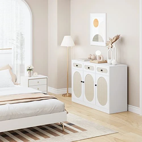 FOTOSOK Buffet Cabinet, Rattan Kitchen Cabinet With 3 Doors And 3 Drawers, Sideboard With Storage And Adjustable Shelves, Rattan Buffet Table For Kitchen Dining Room Living Room Hallway 5 FOTOSOK Buffet Cabinet, Rattan Kitchen Cabinet With 3 Doors And 3 Drawers, Sideboard With Storage And Adjustable Shelves, Rattan Buffet Table For Kitchen Dining Room Living Room Hallway - Image 3