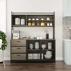 AIEGLE Large Kitchen Hutch Storage Cabinet, Pantry Cabinets With Hutch, Metal Frame Cupboard With Mesh Door, Drawer & Microwave Shelf, Freestanding Kitchen Storage, Rustic (59" W X 15.7" D X 68.5" H) -Amazon Store 41OrxG98luL. AC