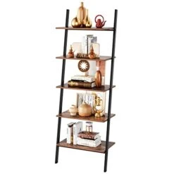 PUPL 5Tier Industrial Ladder Shelf, Leaning Shelf Storage Rack With Metal Frame, Sloping Books 25.2L X 13.8W X 70.9H In WD 60 0
