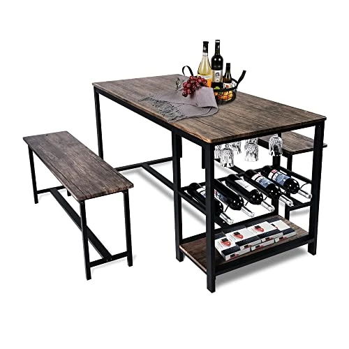 Koreyosh 3 Piece Kitchen Table Set With Bench, 55''Lx25.2''W Dining Table Set For 4,Breakfast Nook Table Set Mid Century Modern Dining Set For Small Spaces Compact W/Storage Shelf Rack, Wine Rack 3 Koreyosh 3 Piece Kitchen Table Set With Bench, 55''Lx25.2''W Dining Table Set For 4,Breakfast Nook Table Set Mid Century Modern Dining Set For Small Spaces Compact W/Storage Shelf Rack, Wine Rack