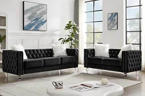 Mikibama Velvet Loveseat Sofa Couch Set For Living Room, Modern Decor Furniture Tufted Sofa Set With Nailhead Acrylic Legs And 2 Pillows For Bedroom, Hall(Grey) 13 Mikibama Velvet Loveseat Sofa Couch Set For Living Room, Modern Decor Furniture Tufted Sofa Set With Nailhead Acrylic Legs And 2 Pillows For Bedroom, Hall(Grey) - Image 11