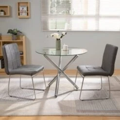 3 Pieces, Dining Tables For 2, 1 Round Glass Dining Room Table And 2 Faux Leather Kitchen Chairs, Chrome Metal Legs, Comfortable Upholstered Seat And Back, Set For Waiting Room, Living Room, Office -Amazon Store 41P1VHGdYLL. AC