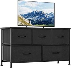 JUMMICO Fabric Dresser For Bedroom, Tall Wide Dresser With 5 Drawers, Storage Tower With Fabric Bins, Dresser Fabric Box Steel Frame, Wood Top Drawer Chest TV Stand For Closet, Living Room (Black) -Amazon Store 41P30Nb1qyL. AC