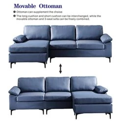 Ovios Mid-Century Modern Sofa 3-Seat L-Shape Sectional Sofa Couch With Chaise And Movable Ottoman For Living Room Lounge Office, 100" W, Faux Leather (Blue) -Amazon Store 41PIblHF0gL