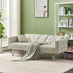 Verfur Button Tufted Convertible Futon Sofa Bed,Modern Linen Fabric Sleeper Couch Daybed With 2 Cup Holders And Square Armrests For For Compact Living Space Apartment Dorm Office, 75.59", Beige -Amazon Store 41PItDGrB1L