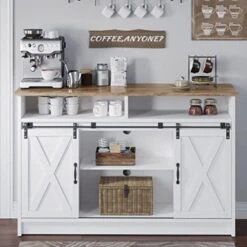 4ever2buy Coffee Bar Cabinet With Storage, Farmhouse Sideboard Buffet Cabinet With Sliding Barn Door, 52'' Kitchen Cabinet With Adjustable Shelves, White Coffee Bar Table For Living Dining Room -Amazon Store 41PXANu4FkL