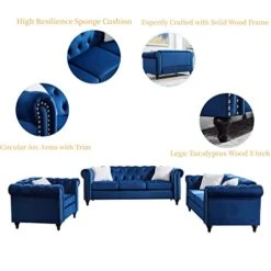 3-Piece Velvet Upholstered Living Room Furniture Set, Including 3-Seater Sofa, Loveseat And Single Sofa Chair With Button And Copper Nail On Arms And Back, Five White Villose Pillows Included, Blue -Amazon Store 41PuaTbtQnL