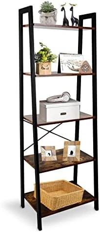 ECOMEX 5 Tier Ladder Shelf, Industrial Ladder Shelf 5 Tier Bookshelf Rustic Ladder Shelf Freestanding Storage Rack With Metal Frame For Home Living Room Bedroom Office, Brown 6 ECOMEX 5 Tier Ladder Shelf, Industrial Ladder Shelf 5 Tier Bookshelf Rustic Ladder Shelf Freestanding Storage Rack With Metal Frame For Home Living Room Bedroom Office, Brown - Image 4
