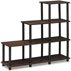 FURINNO 3 Shelves, Turn-N-Tube Ladder Space Shelf, Walnut/Brown